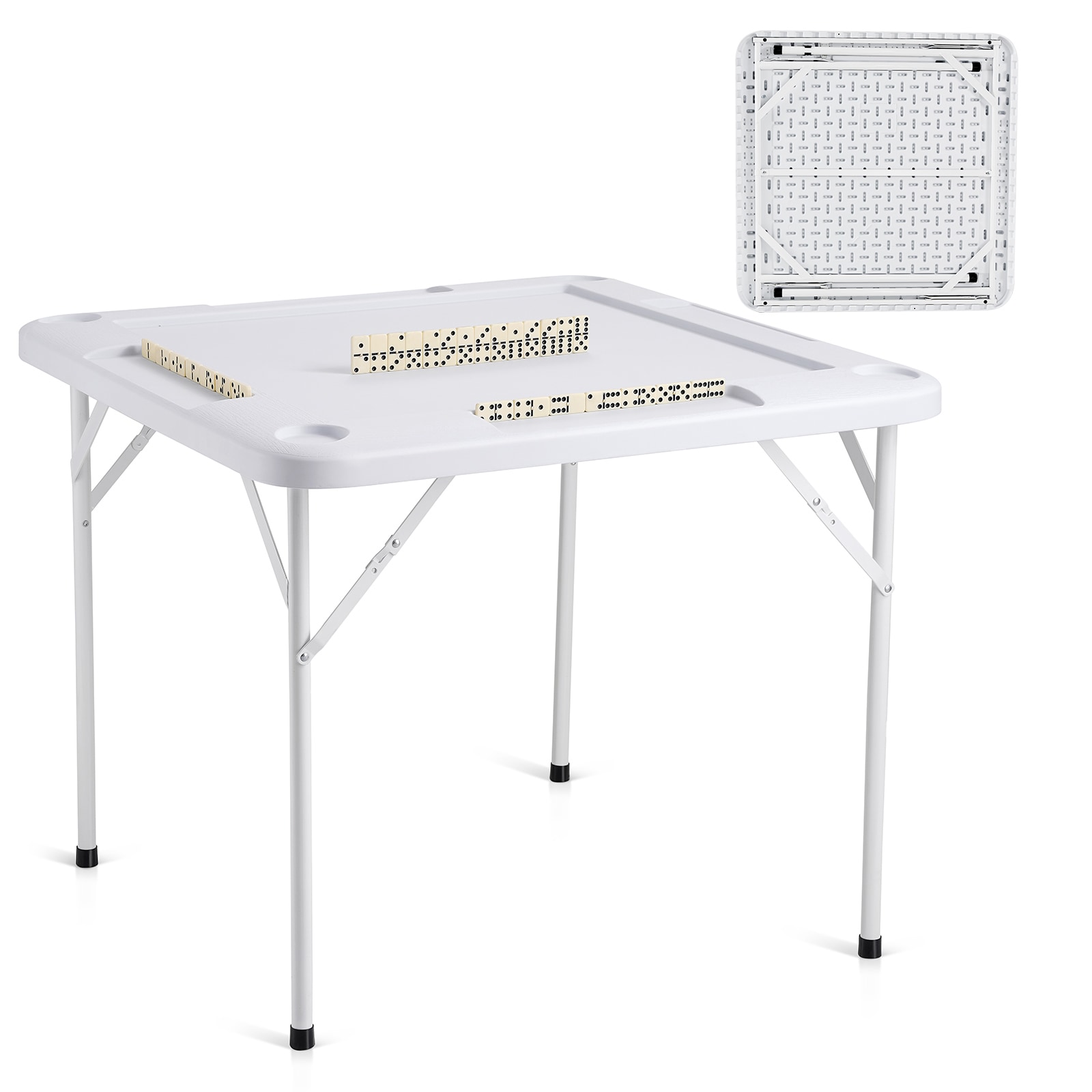 Mahjong Table 4 Player Folding Card Table & 4 Cup Holders Chip Trays White_voghion.com